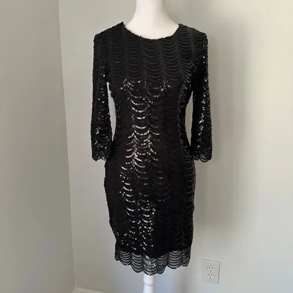Lulus Stardust black sequin bodycon 3/4 sleeve mini dress size S - Picture 2 of 12